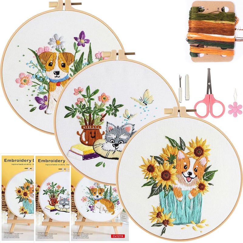 COCOMOX 3 Sets Embroidery Kit for Beginners, Dog Flower Pattern Embroidery Practice Kits for Adults, Hand Embroidery Kit, Easy to Follow Instruction and Video - Image 1